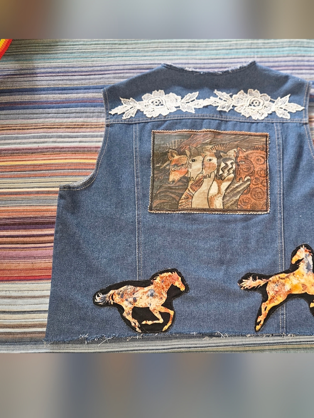 Horse Patch Denim Vest in Blue with Cream Lace Accents - Picture 2 of 6